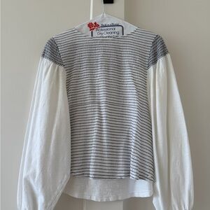 Anthropologie Striped Yoke White Balloon Sleeve Top